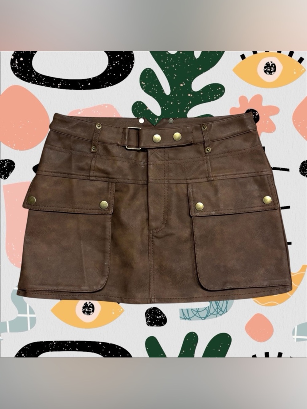 Altar’d State | Brown Faux Leather Distressed Utility Cargo Mini Skirt